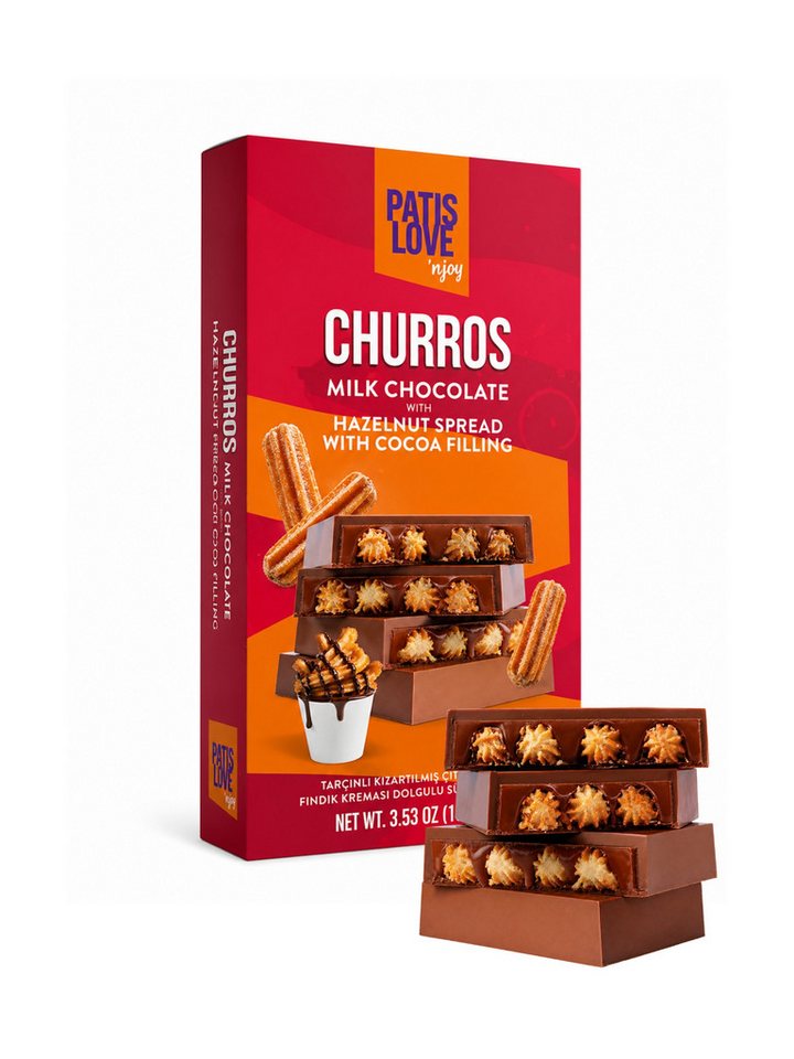 PatisLove Churros Milk Chocolate with Hazelnut & Cocoa Filling (100g)